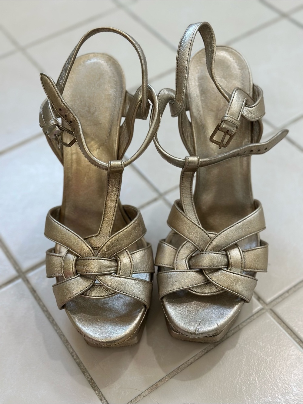 YSL Metallic Gold Strappy Heeled Sandals